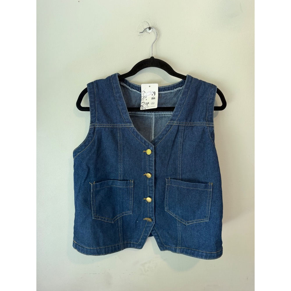 Fashion Classic Women Dark Wash Denim Vest V-Neck Button Front Blue 2XL New